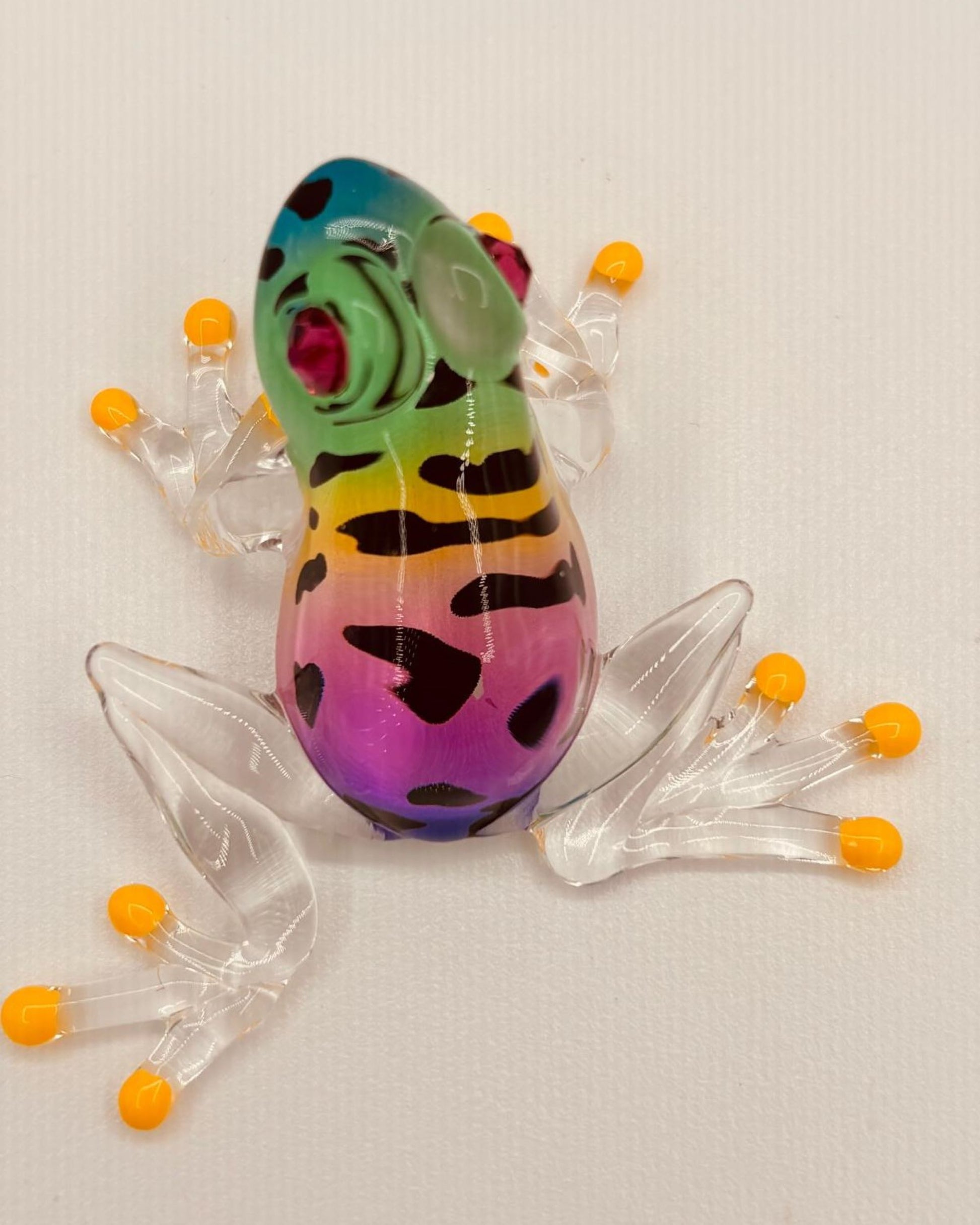 Handcrafted tropical frog glass figurine with pink crystal eyes