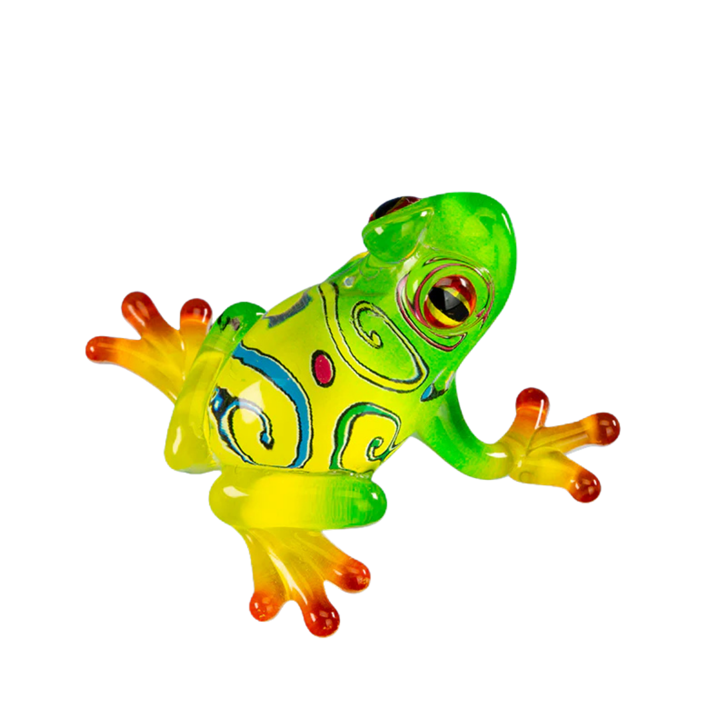 Green glass frog figurine with yellow legs and swirl details