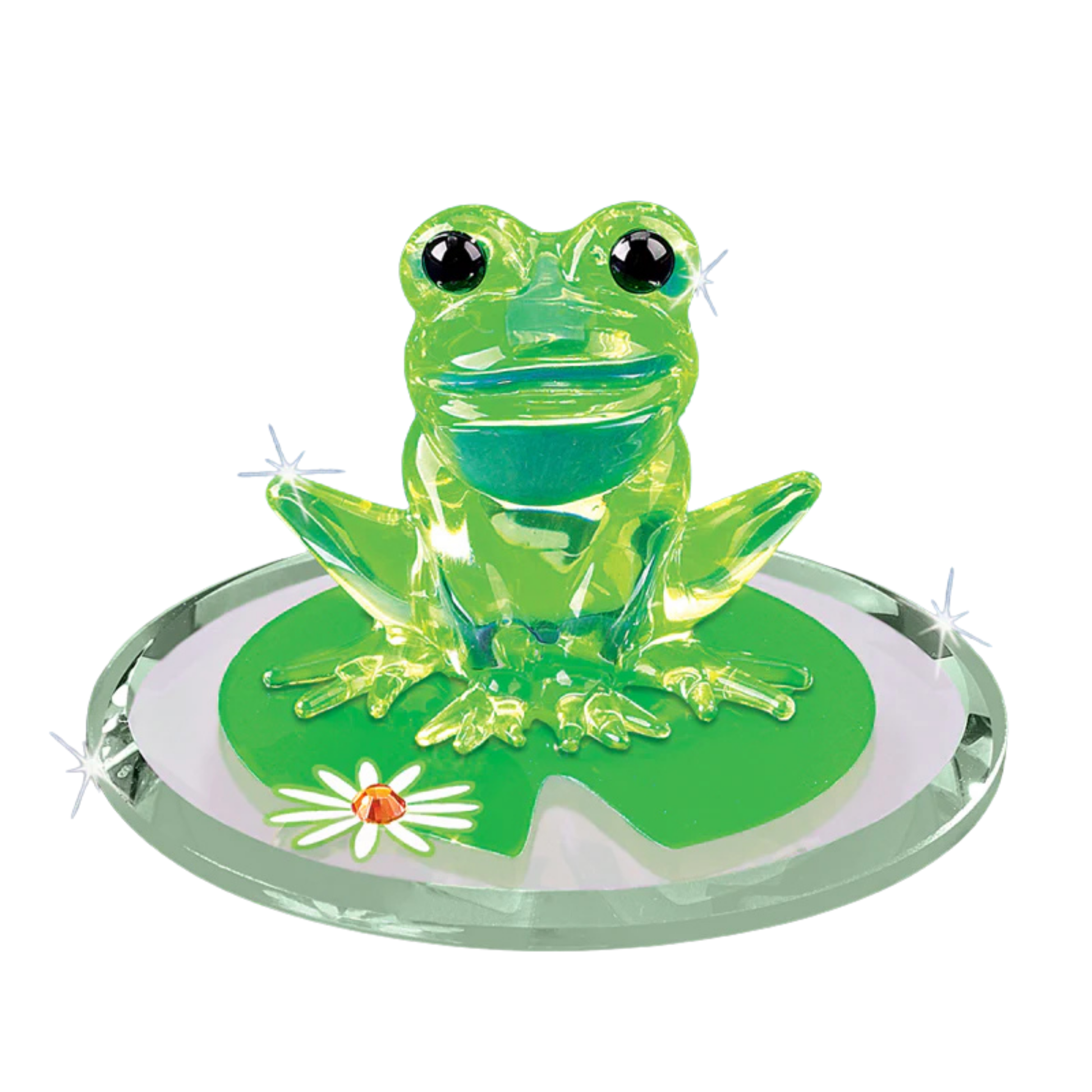 Green glass frog figurine sitting on lily pad mirror base