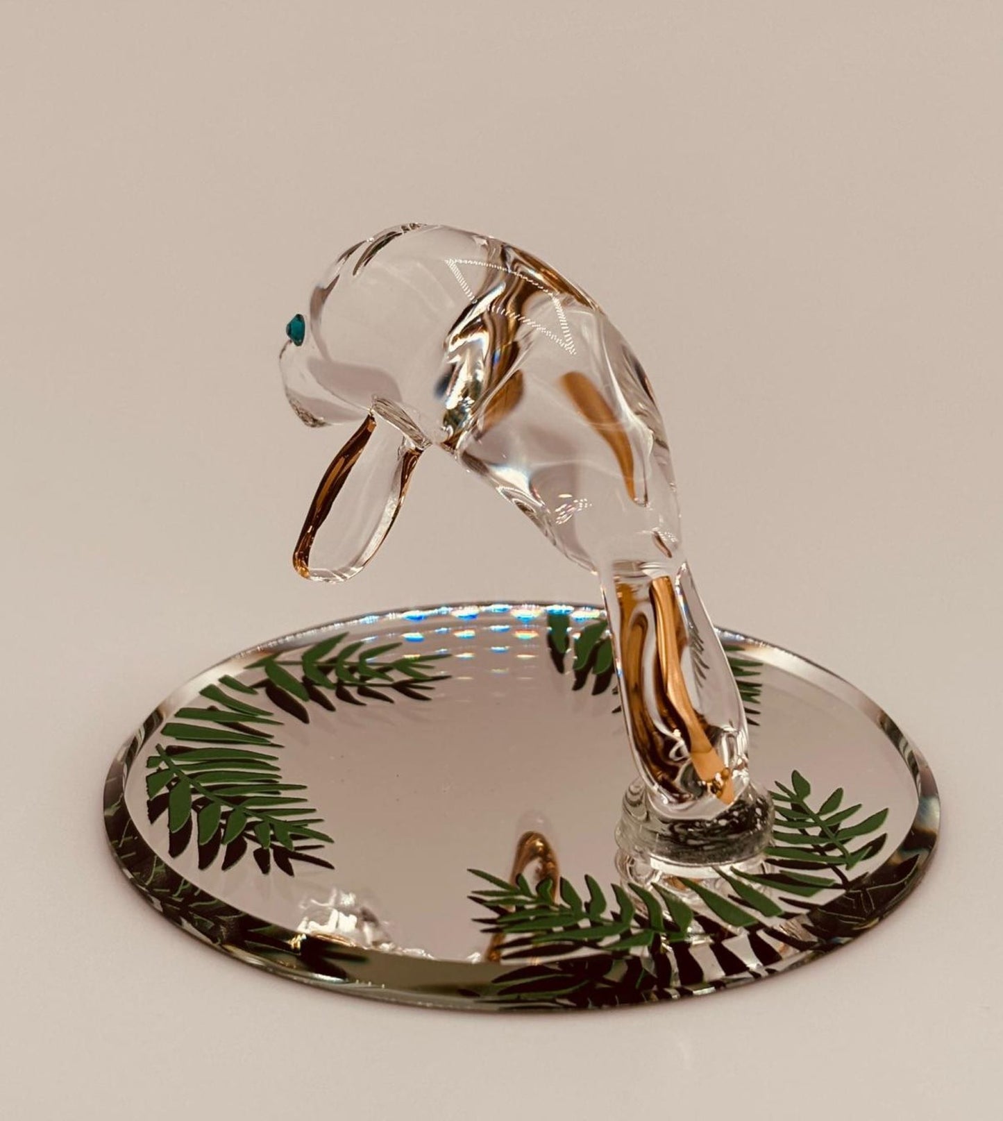 Manatee Glass Figurine | Handcrafted Coastal Ocean Decor with Crystal and Gold Accents
