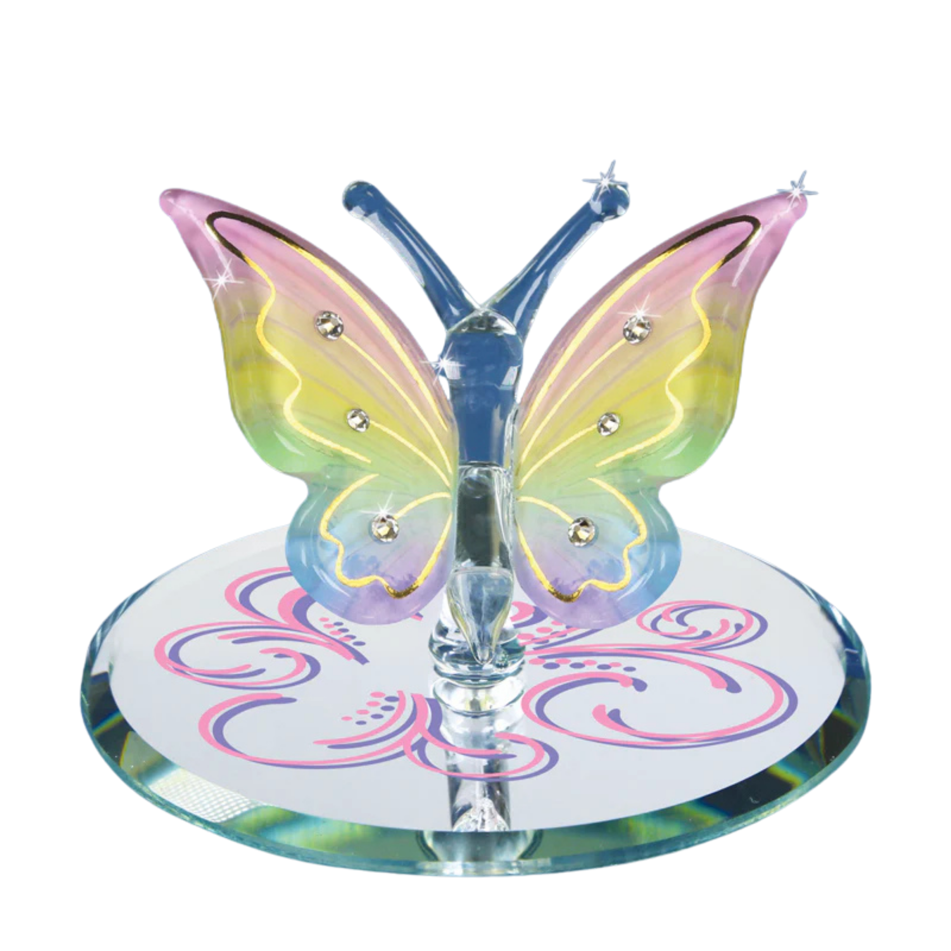 Rainbow glass butterfly figurine with crystal accents on mirror base