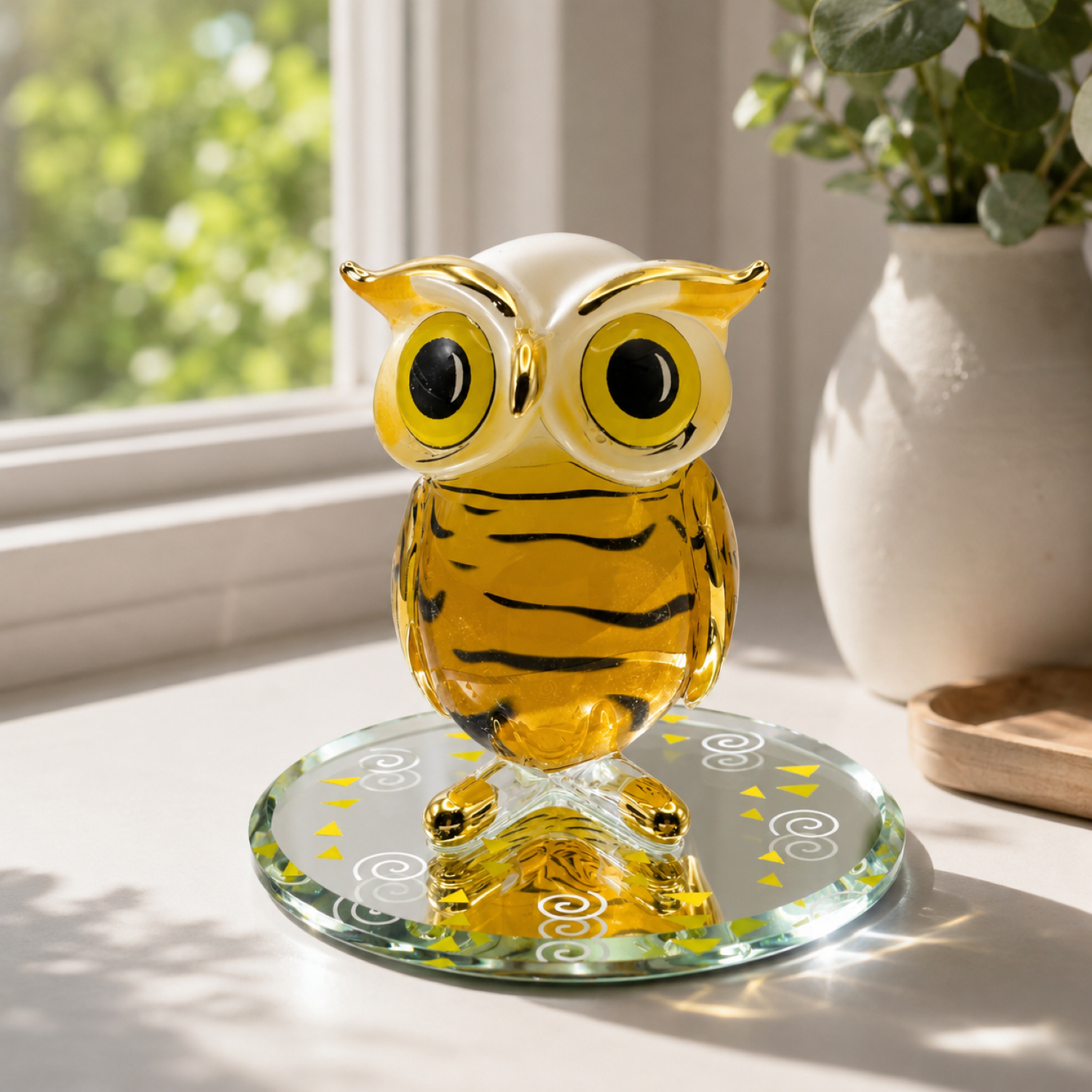 Handcrafted amber-orange glass owl figurine with black stripe accents displayed on a decorative beveled glass mirror with Real 22Kt Gold details.