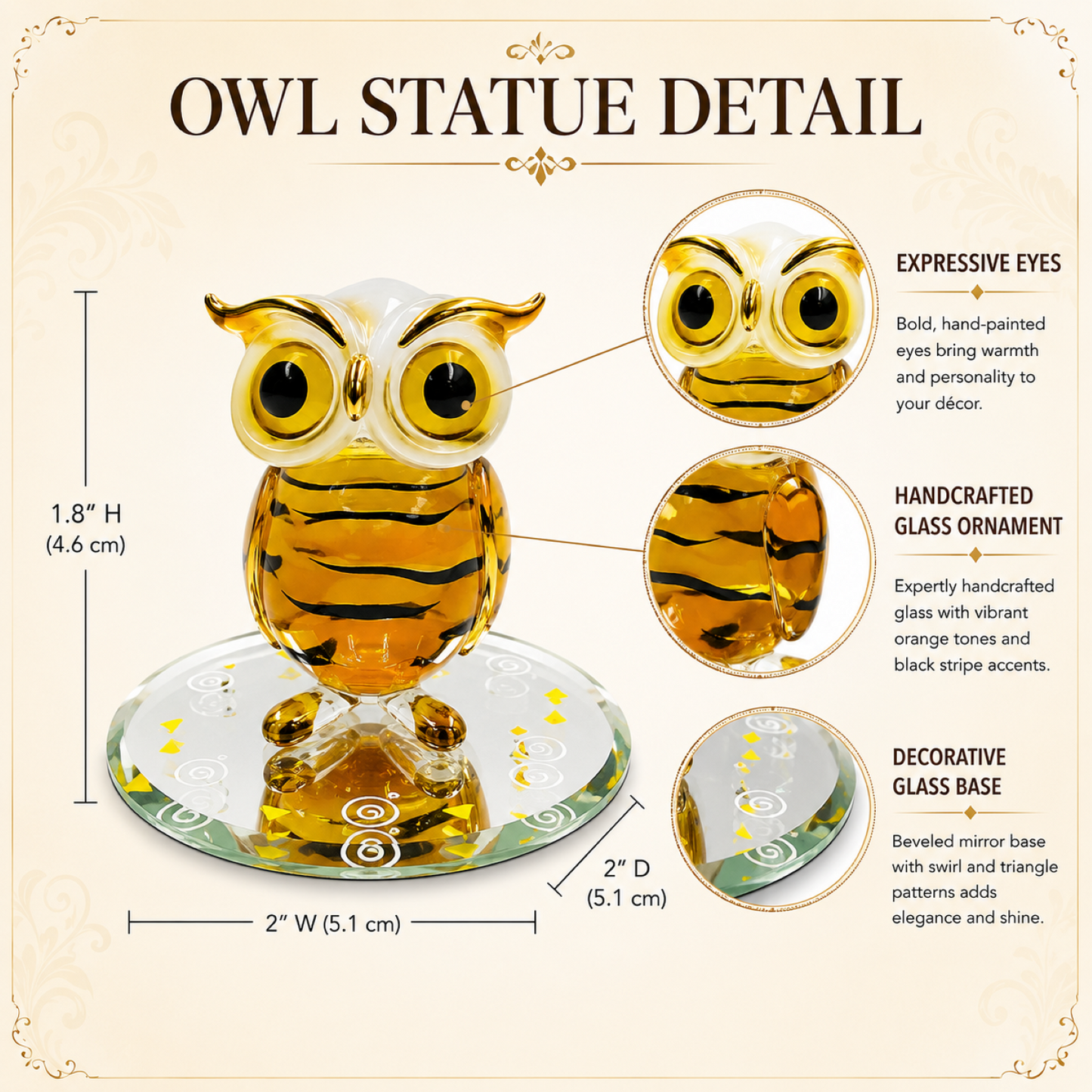 Handcrafted Glass Owl Figurine with 22Kt Gold – Owl Collectible, Animal Lover Gift, Glass Owl Decor