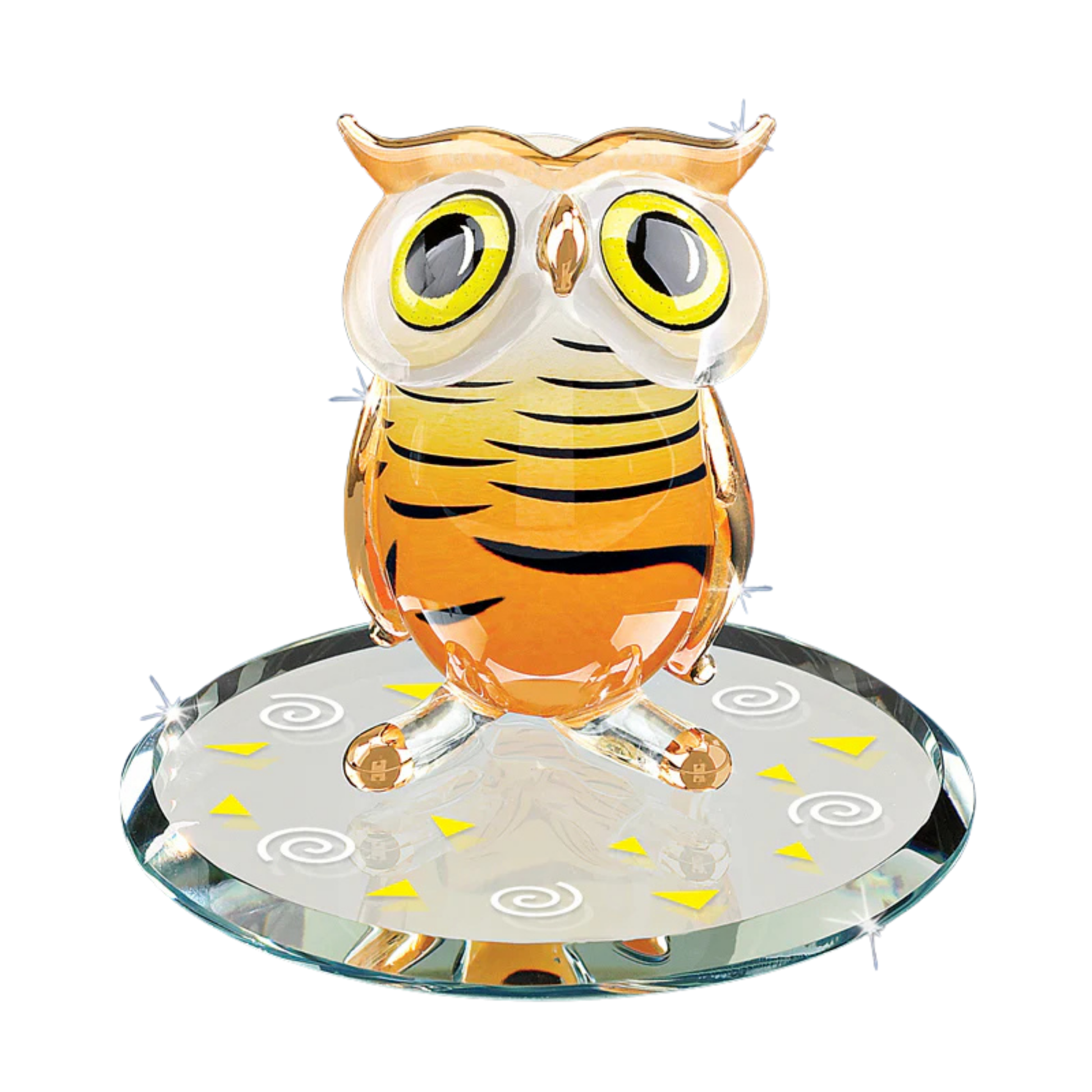 Orange glass owl figurine with black stripe accents on mirror base