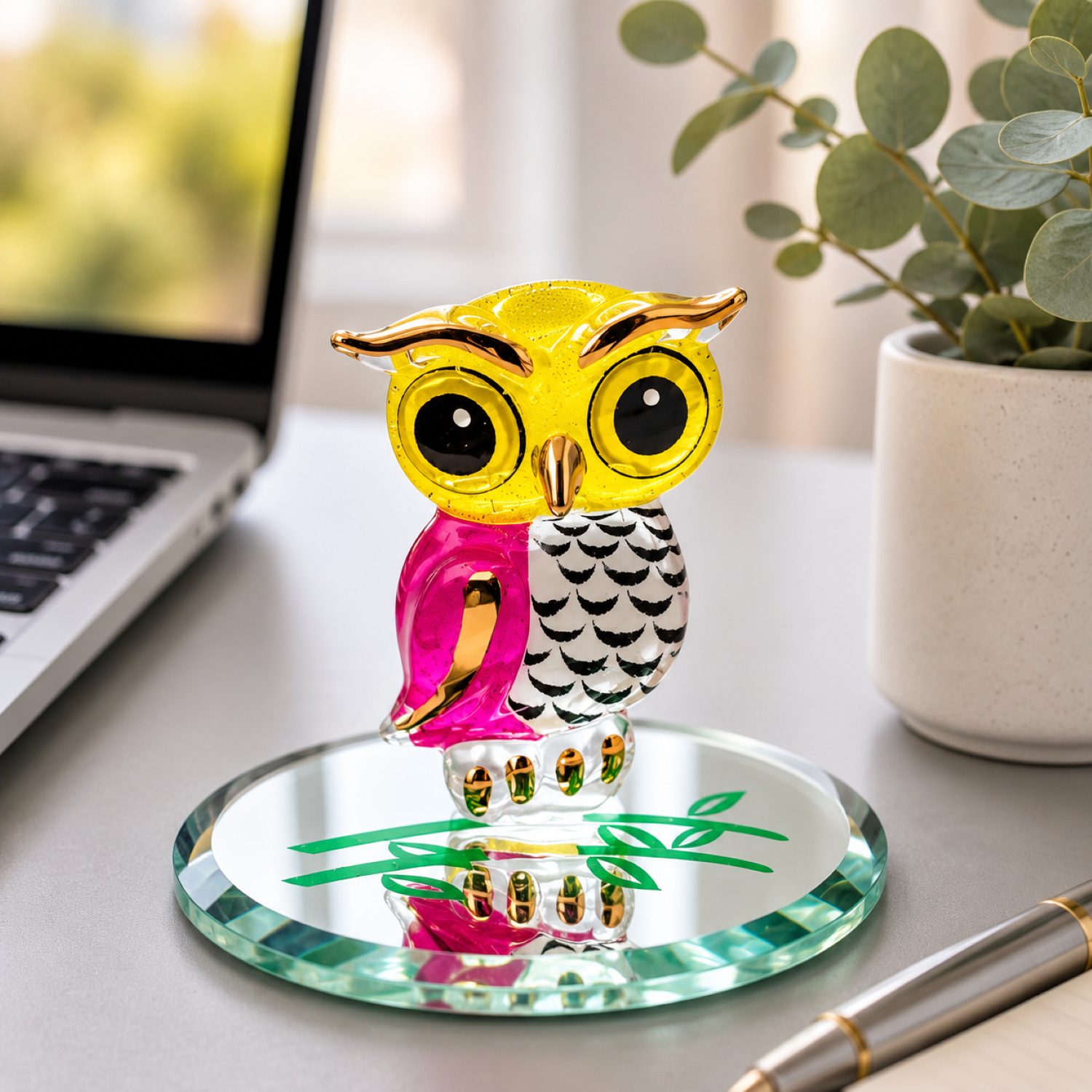 Handcrafted glass owl figurine with a yellow head, pink wings, black feather detailing, Real 22Kt Gold accents, and a beveled glass mirror base.