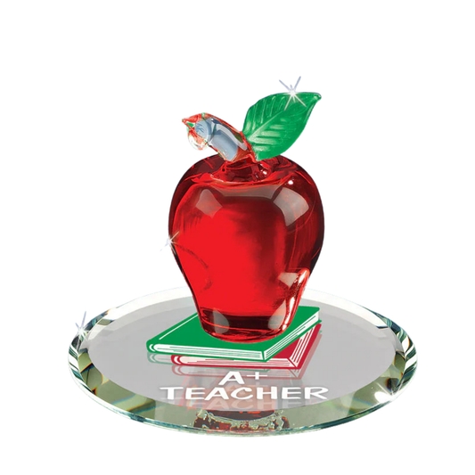 Handcrafted red glass apple A+ Teacher figurine on embossed mirror base