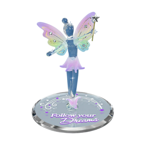 Glass fairy figurine with pastel wings and Follow Your Dreams mirror base