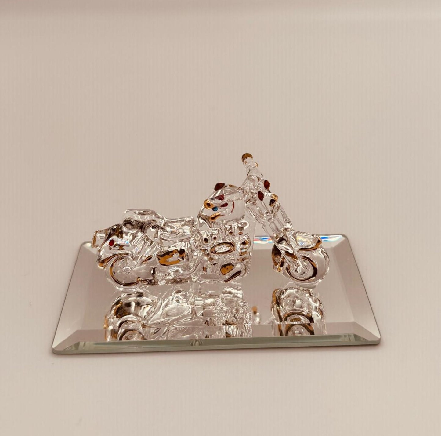 Motorcycle Glass Figurine | Handcrafted Biker Decor with Crystal and Gold Accents