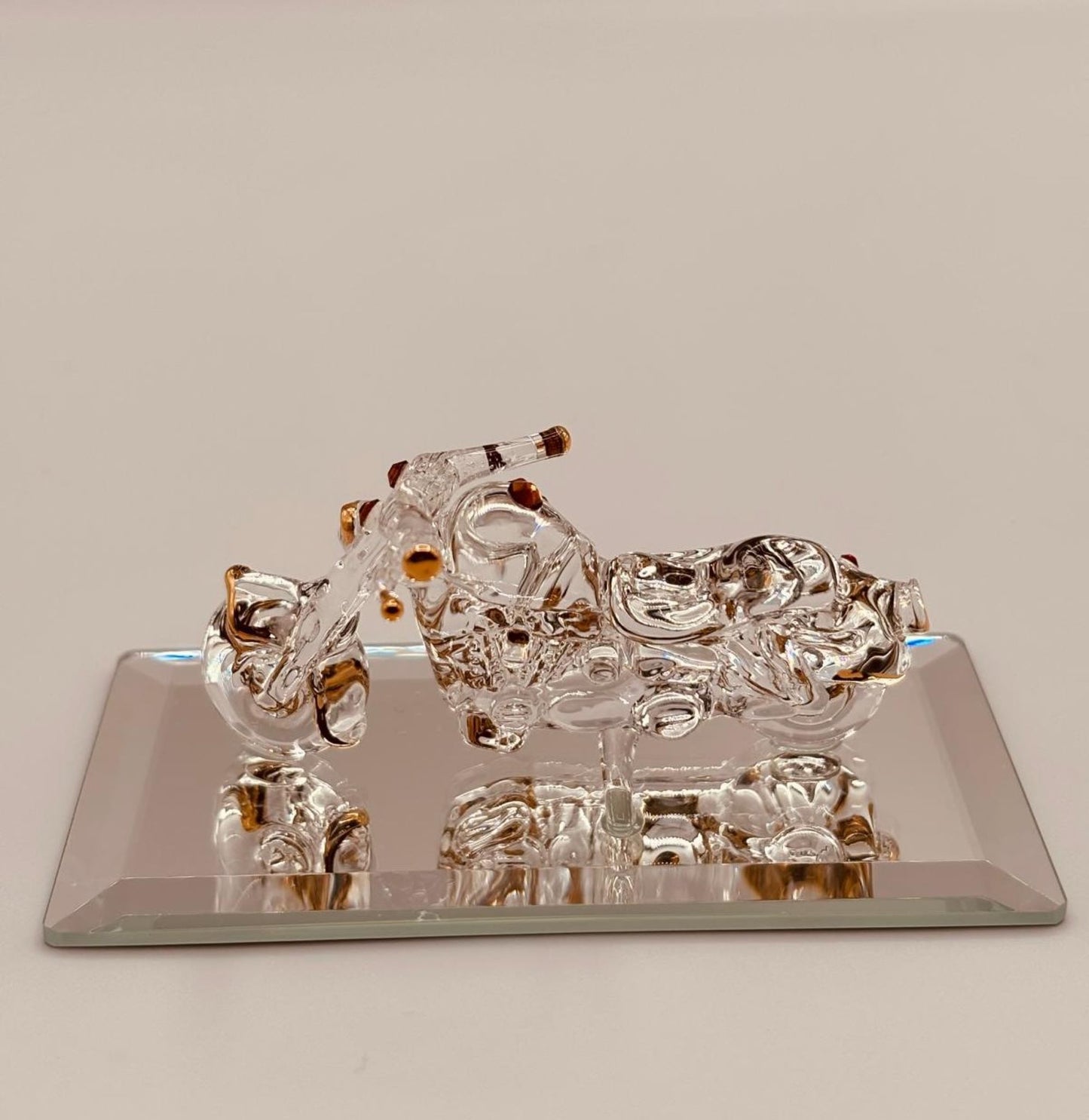 Motorcycle Glass Figurine | Handcrafted Biker Decor with Crystal and Gold Accents