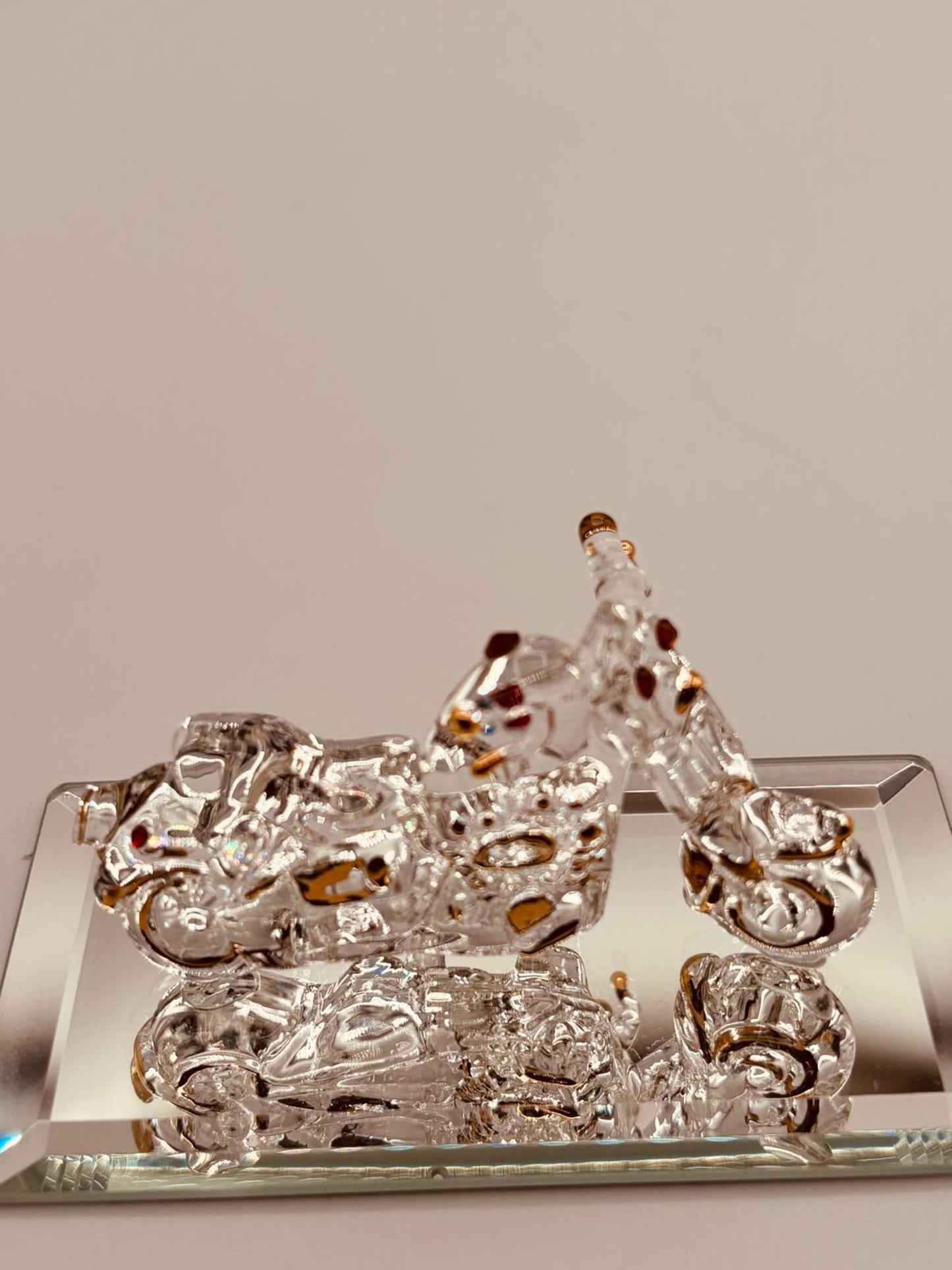 Motorcycle Glass Figurine | Handcrafted Biker Decor with Crystal and Gold Accents