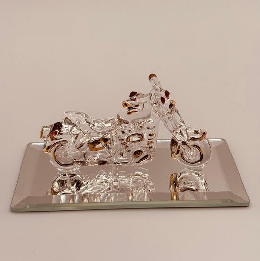 Handcrafted glass motorcycle figurine with crystal and 22Kt gold accents on a beveled mirror base