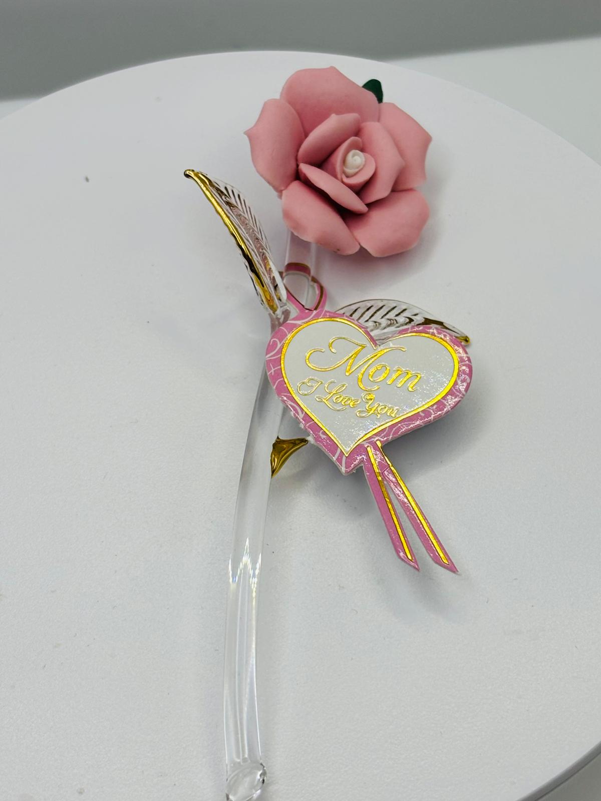 Pink Porcelain Rose for Mom “Mom I Love You” Glass Flower Keepsake Mother's Day Gift