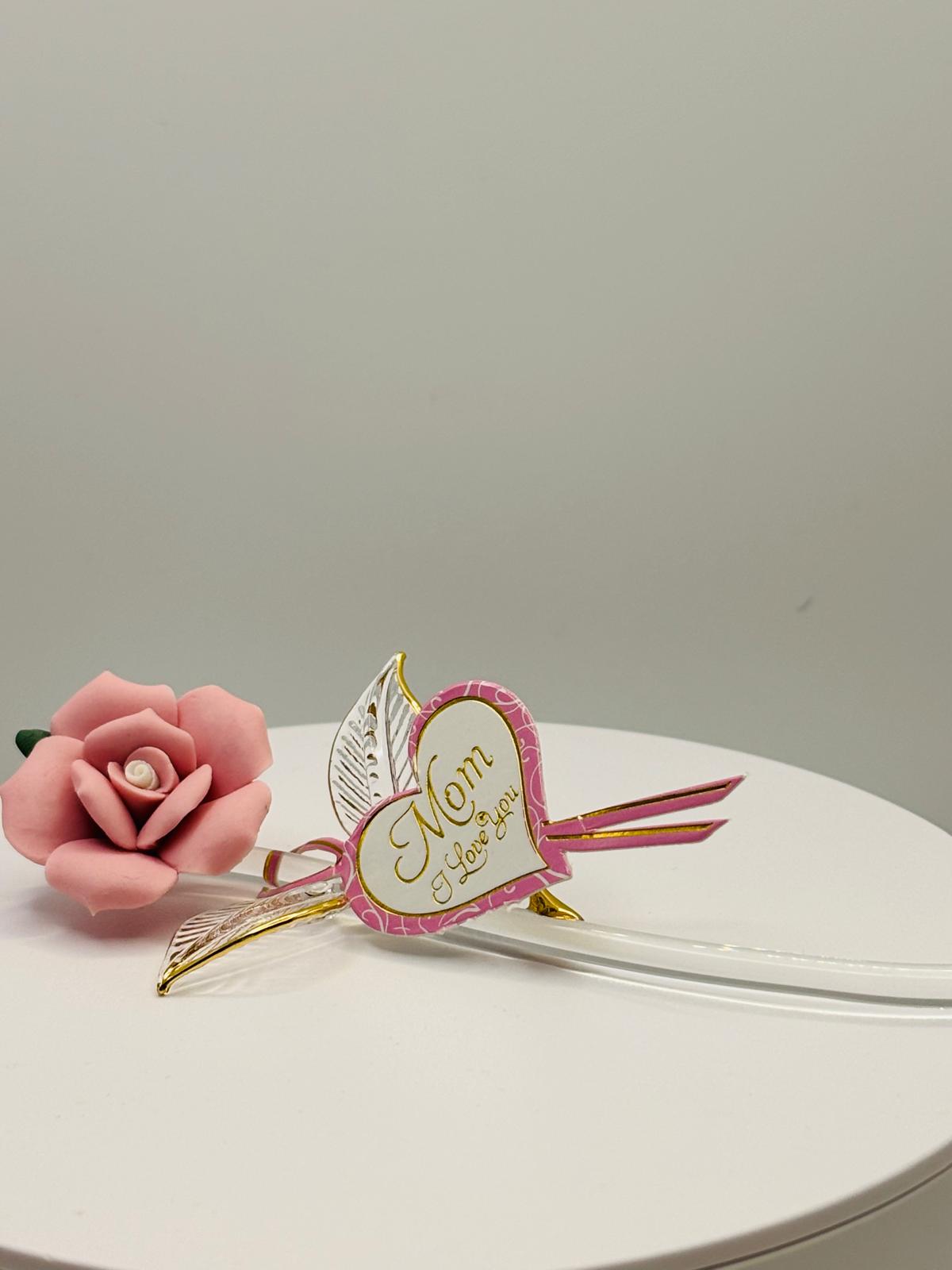 Pink Porcelain Rose for Mom “Mom I Love You” Glass Flower Keepsake Mother's Day Gift