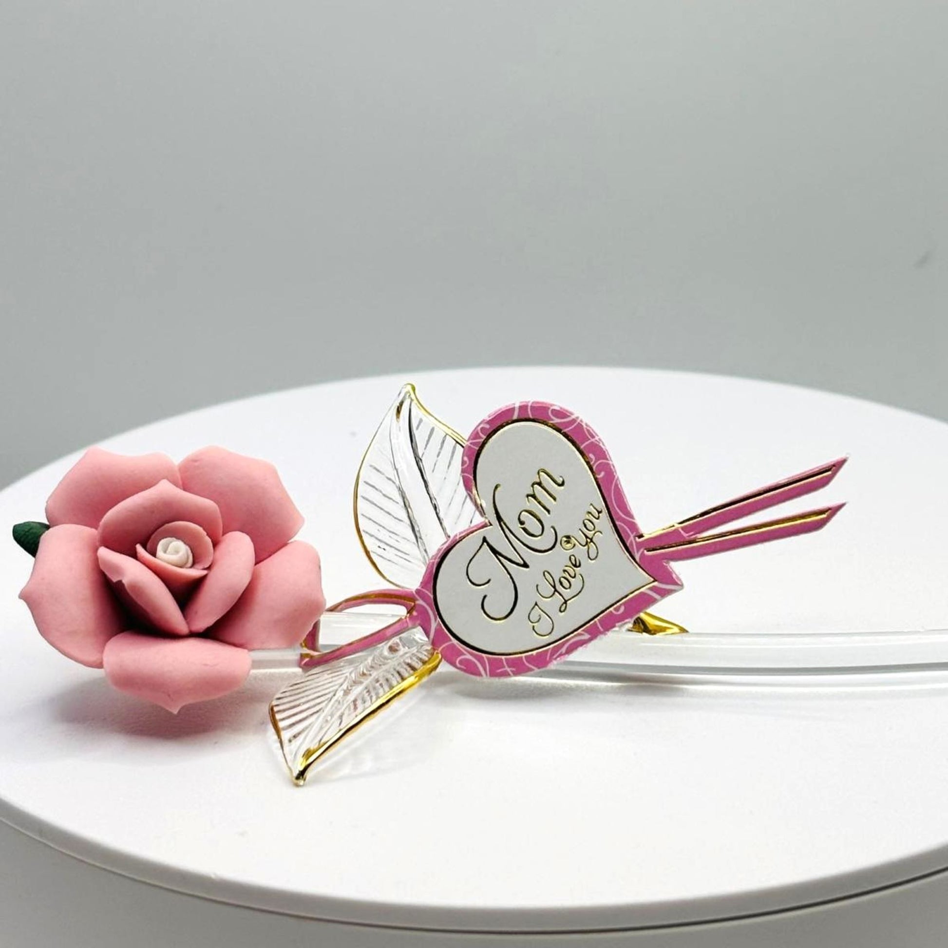 Handcrafted pink porcelain rose with Mom I Love You heart message and gold trim detail