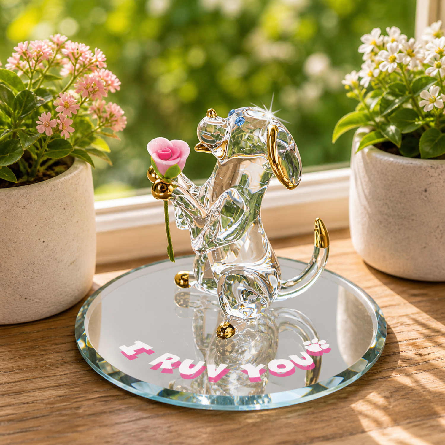 Handcrafted dog figurine holding pink flower on beveled glass mirror with I Ruv You message