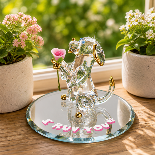 Handcrafted dog figurine holding pink flower on beveled glass mirror with I Ruv You message