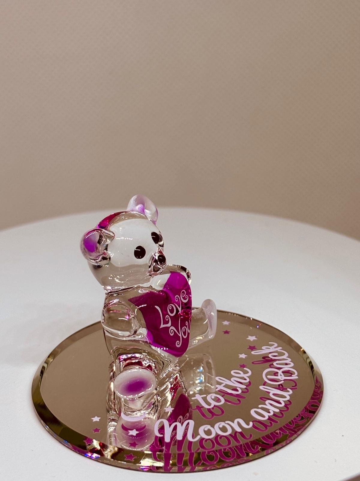 Moon & Back Bear Figurine on Glass Mirror Handcrafted Love You Gift