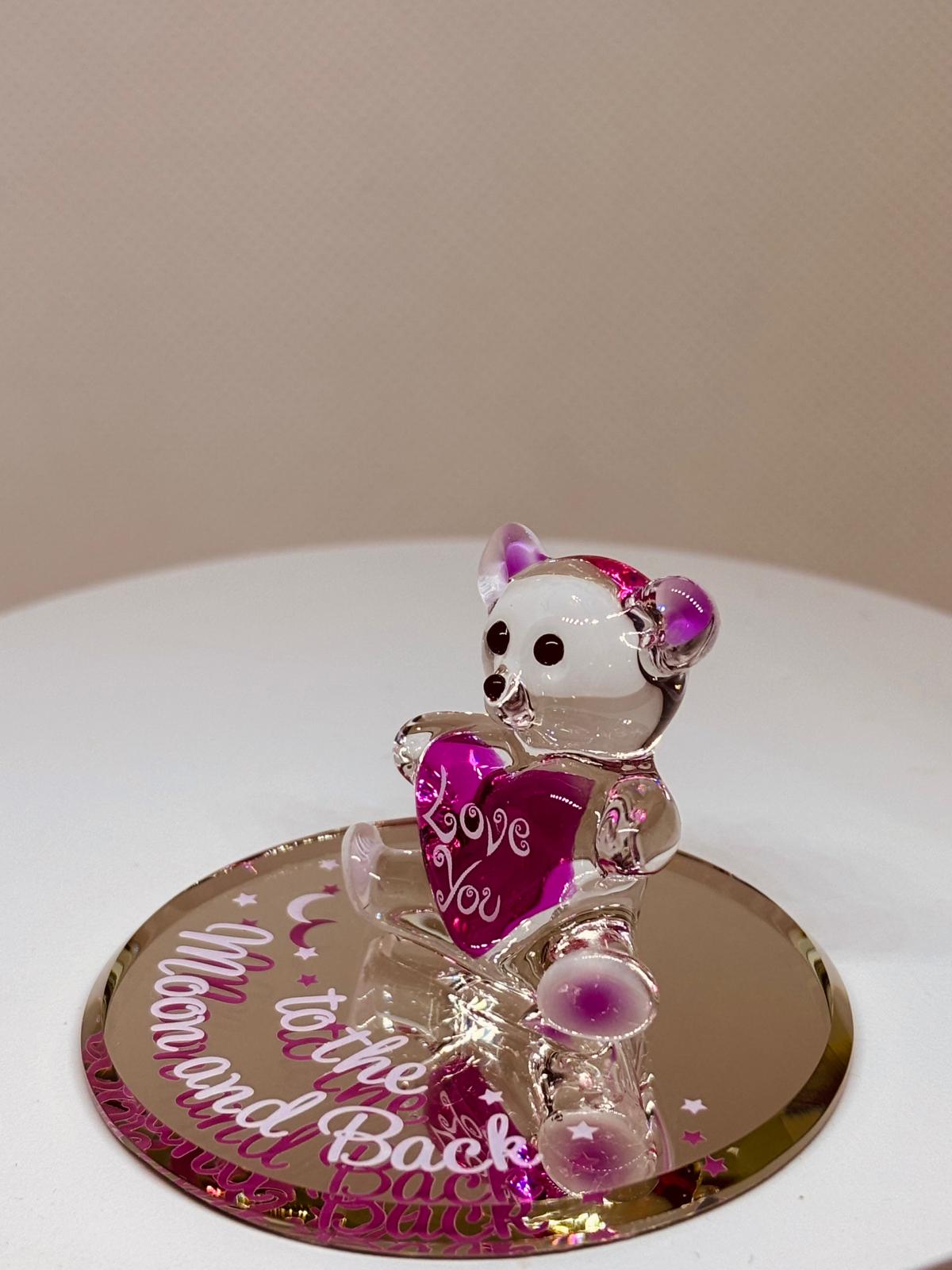 Moon & Back Bear Figurine on Glass Mirror Handcrafted Love You Gift