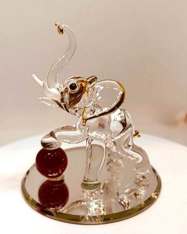 Elephant with Red Ball – Handcrafted Glass Figurine with Crystals & Gold
