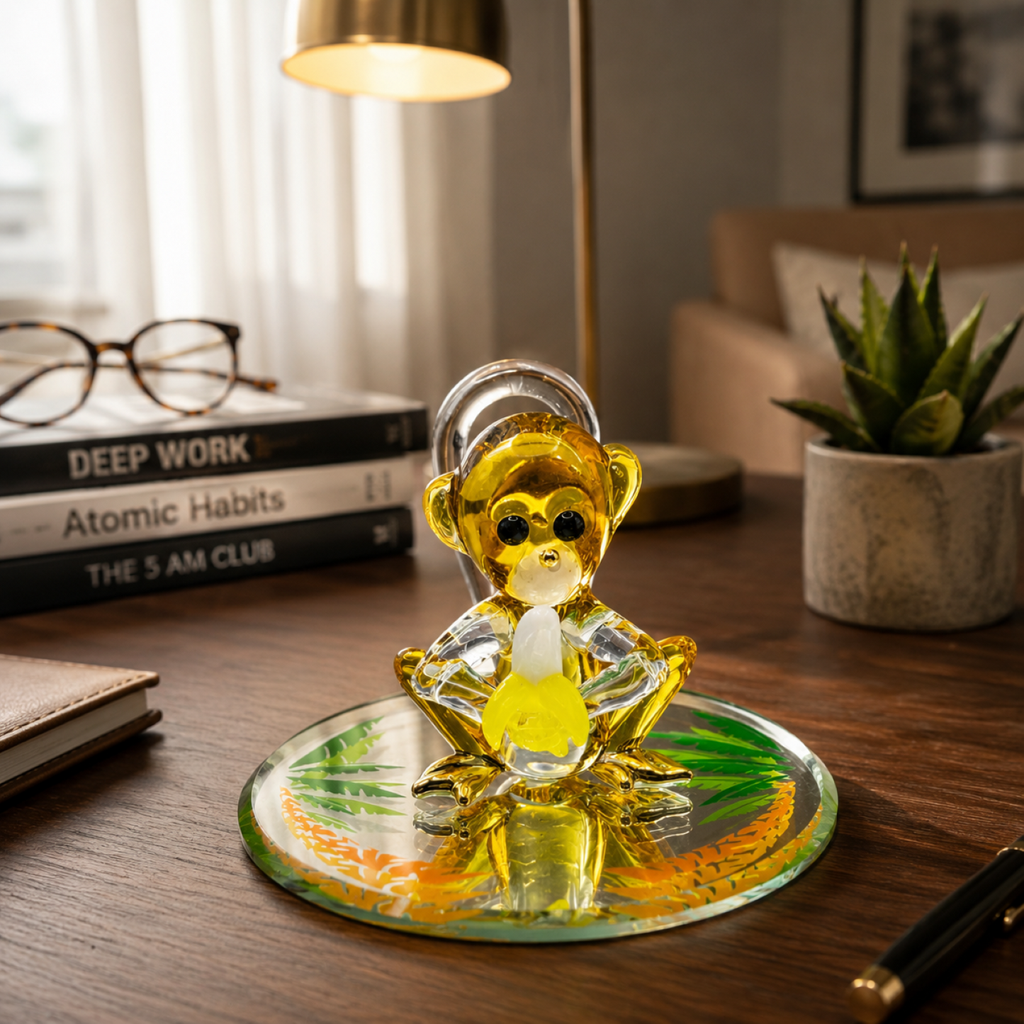 Monkey with Banana Glass Figurine | Handcrafted Monkey Collectible Gift Animal Decor