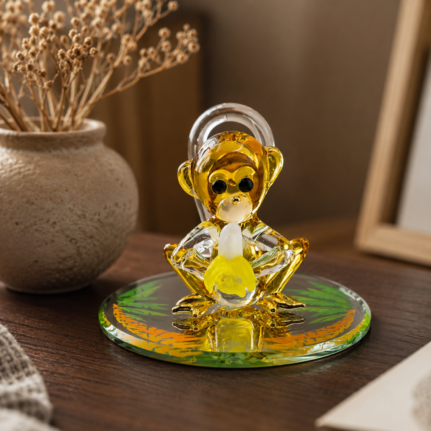 Monkey with Banana Glass Figurine | Handcrafted Monkey Collectible Gift Animal Decor