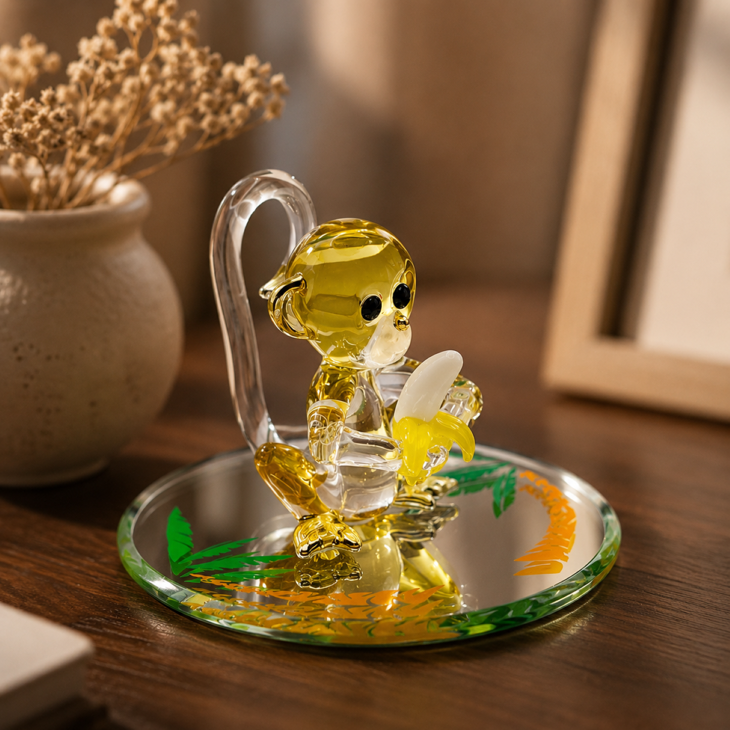 Monkey with Banana Glass Figurine | Handcrafted Monkey Collectible Gift Animal Decor