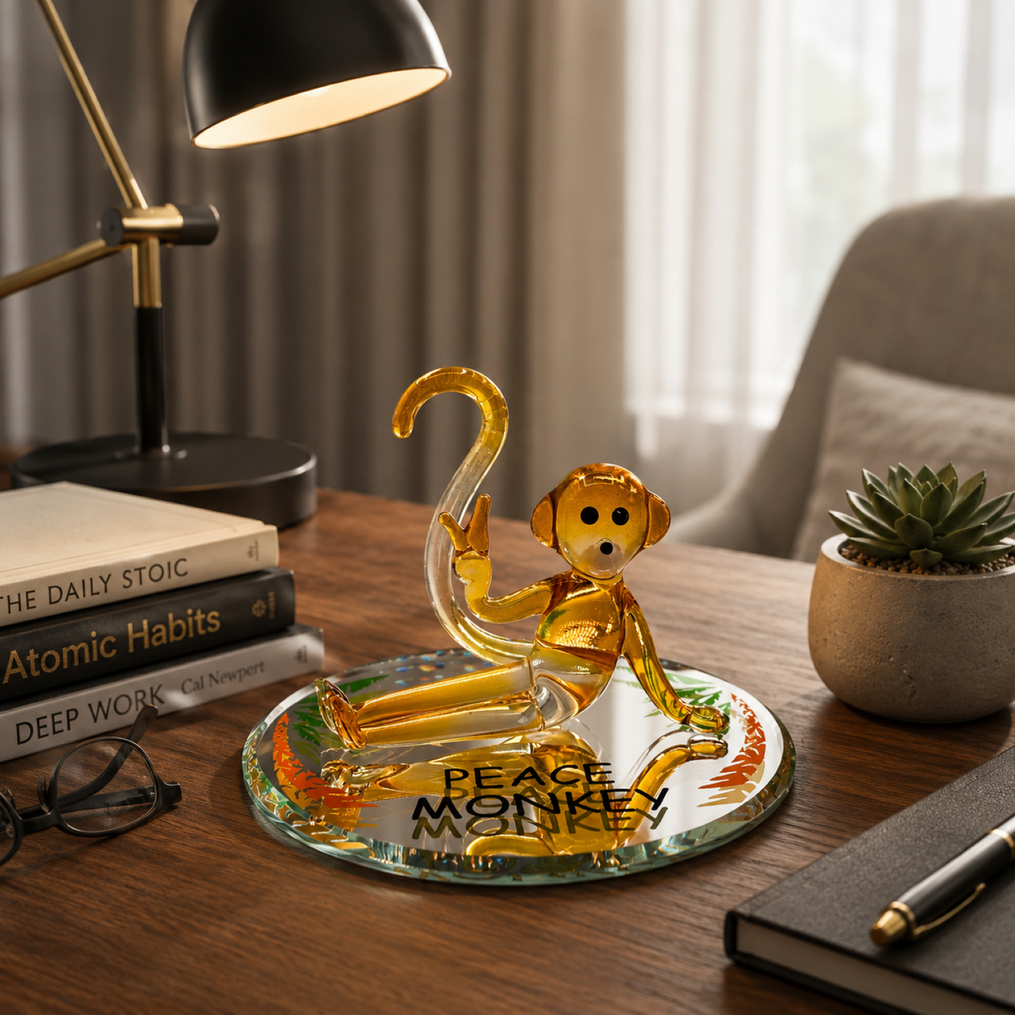 Handcrafted Peace Monkey glass figurine sitting on a mirrored decorative base with Chinese zodiac monkey design.