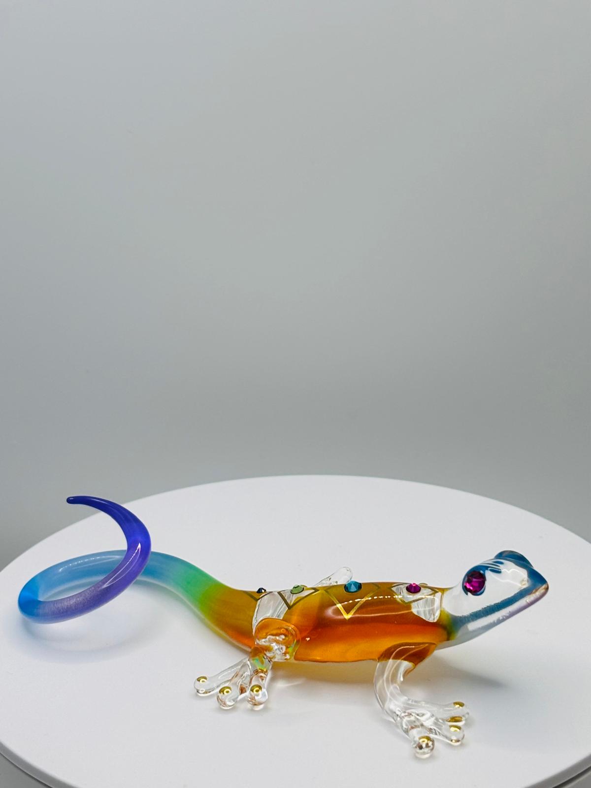 Colorful Glass Gecko Figurine with Crystals Desert Lizard Collectible Decor