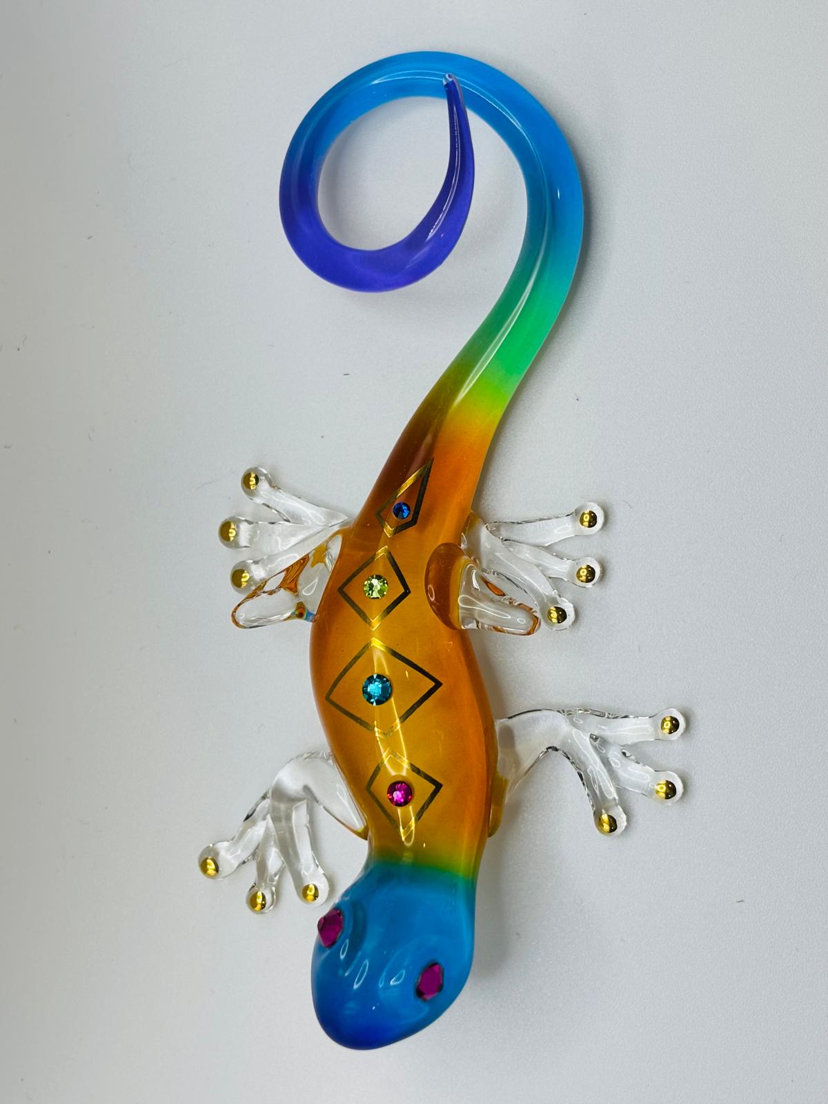 Colorful Glass Gecko Figurine with Crystals Desert Lizard Collectible Decor