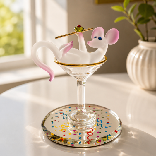 Handcrafted glass mouse figurine holding an olive and toothpick while sitting in a martini glass on a beveled mirror base with crystal and gold accents.