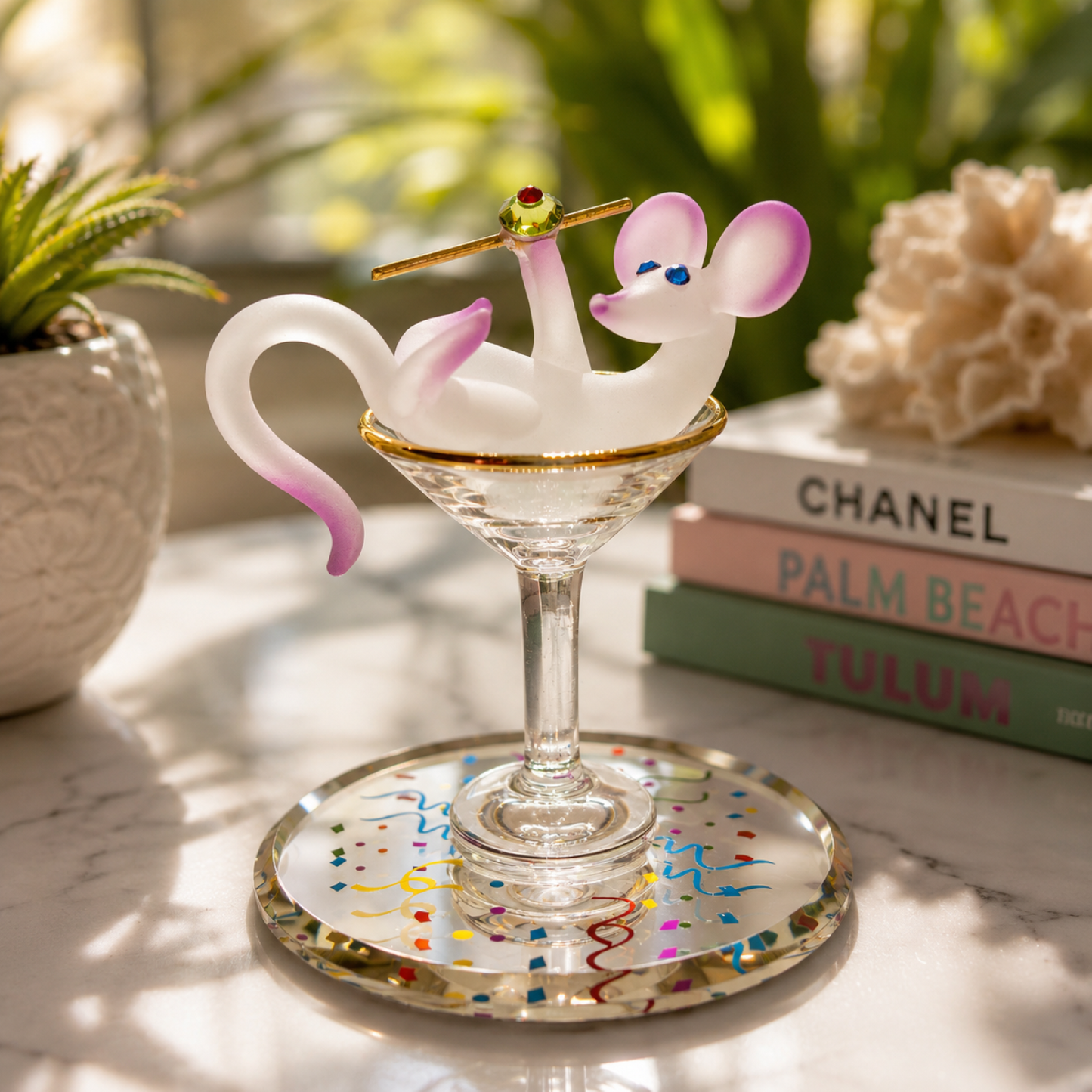 Mouse Martini Glass Figurine Gift | Funny Glass Animal Collectible Party Decor