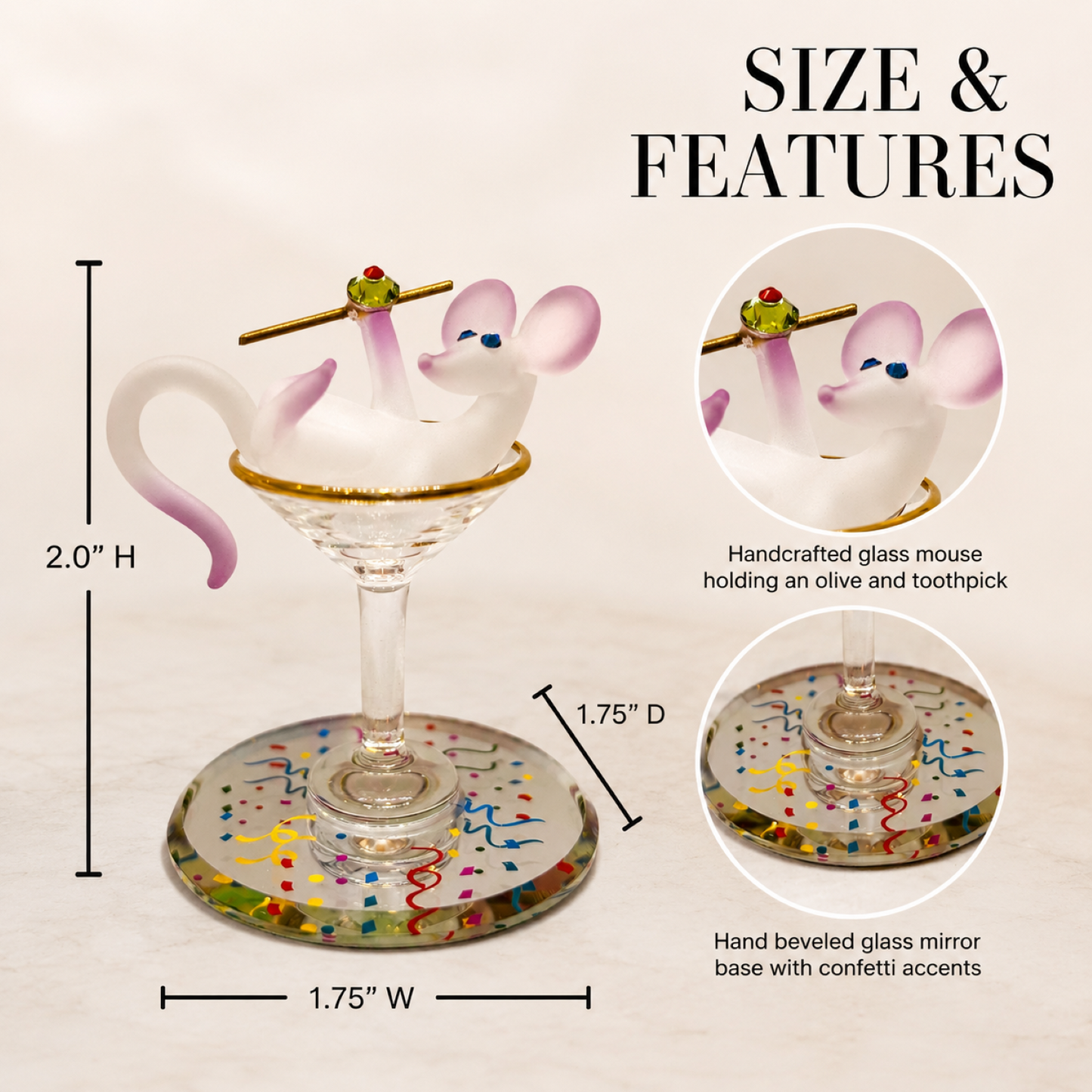 Mouse Martini Glass Figurine Gift | Funny Glass Animal Collectible Party Decor