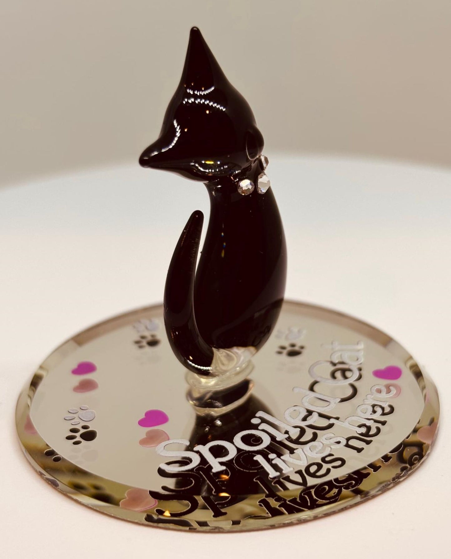 Spoiled Cat Figurine with Crystals Handcrafted Glass Cat Collectible