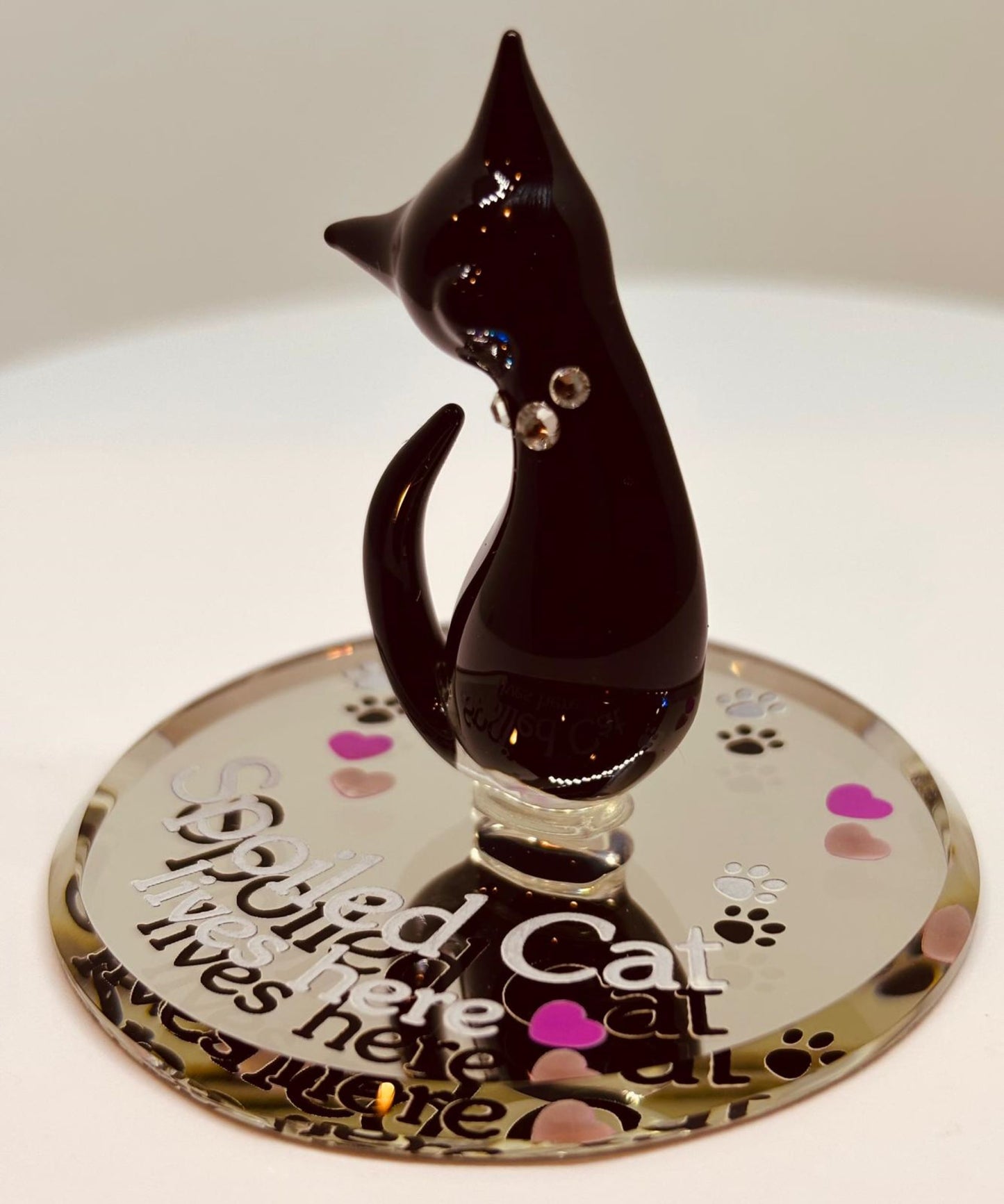 Spoiled Cat Figurine with Crystals Handcrafted Glass Cat Collectible
