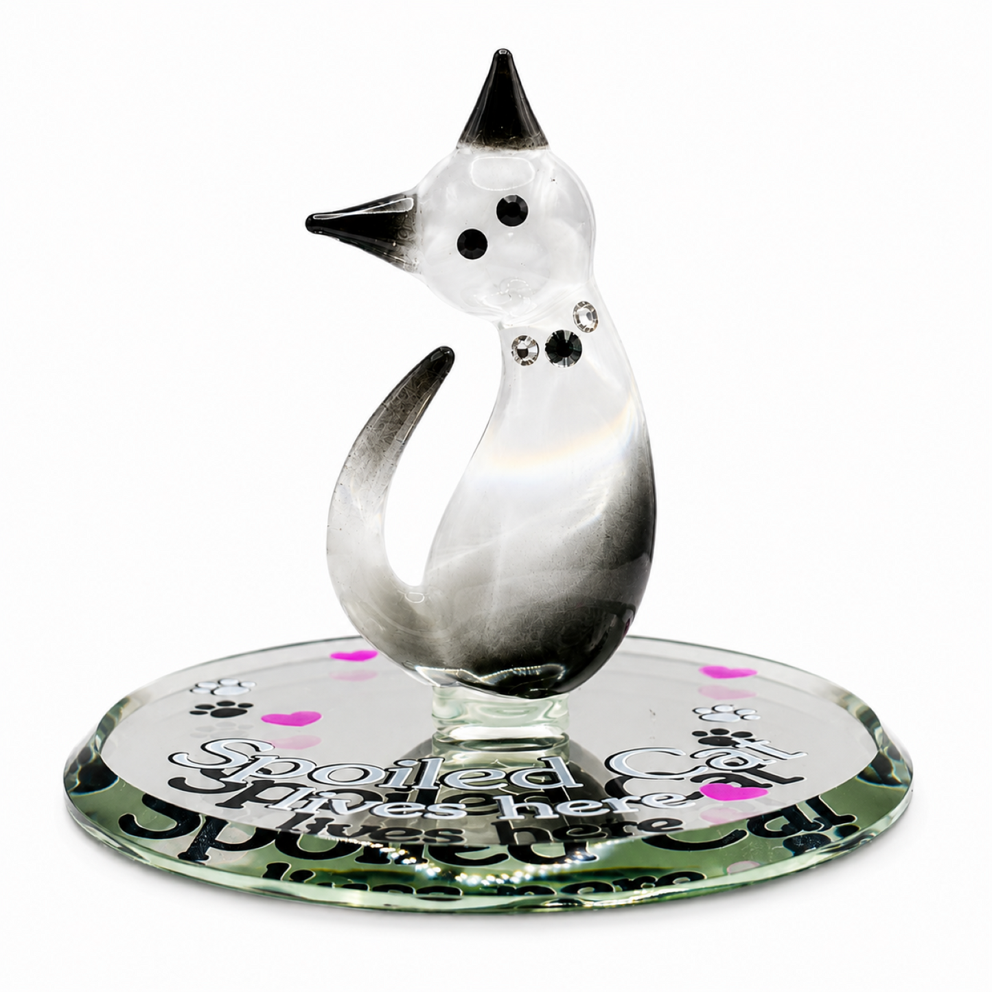 Handcrafted Siamese cat glass figurine with crystal accents on a beveled glass mirror engraved with "Spoiled Cat Lives Here."