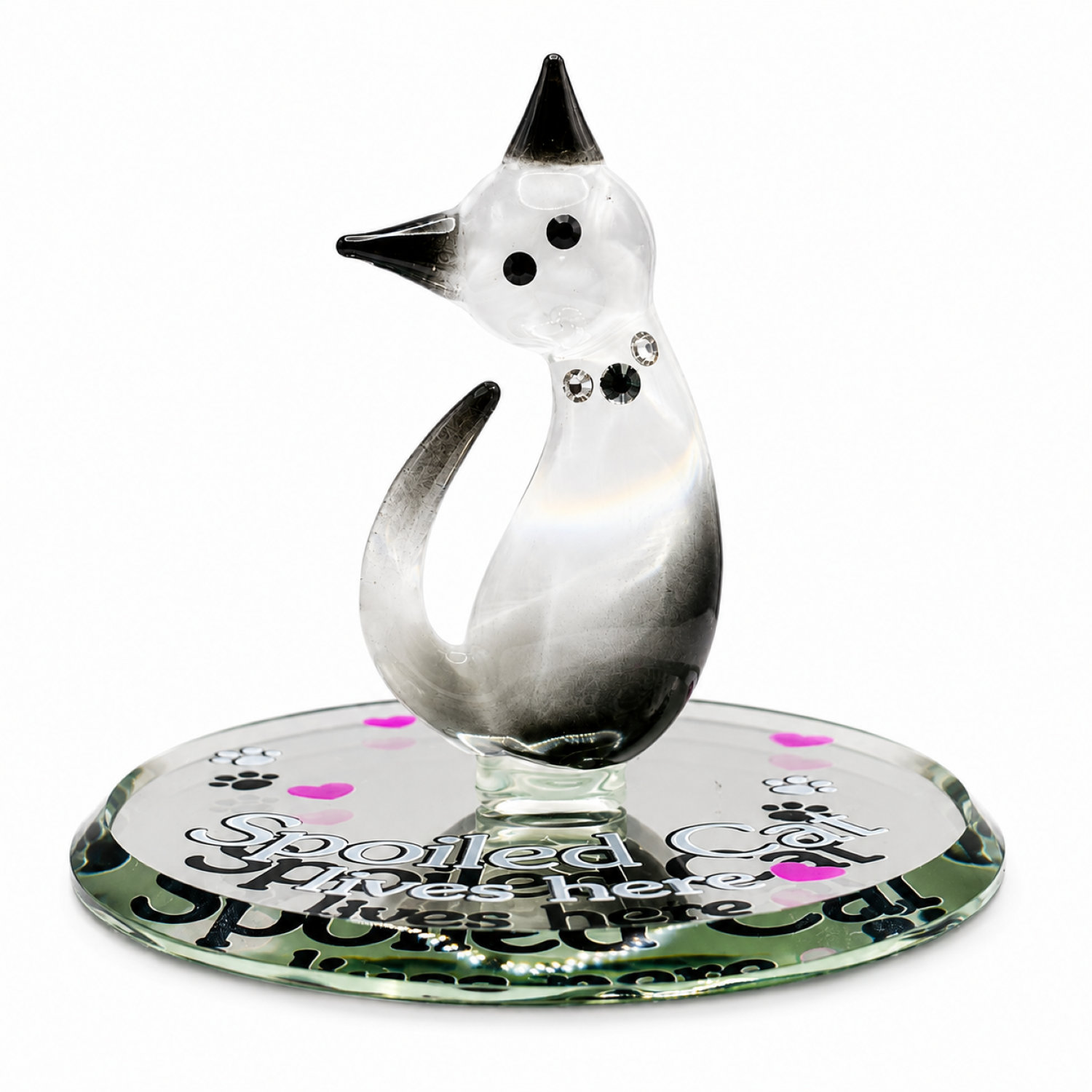 Handcrafted Siamese cat glass figurine with crystal accents on a beveled glass mirror engraved with "Spoiled Cat Lives Here."