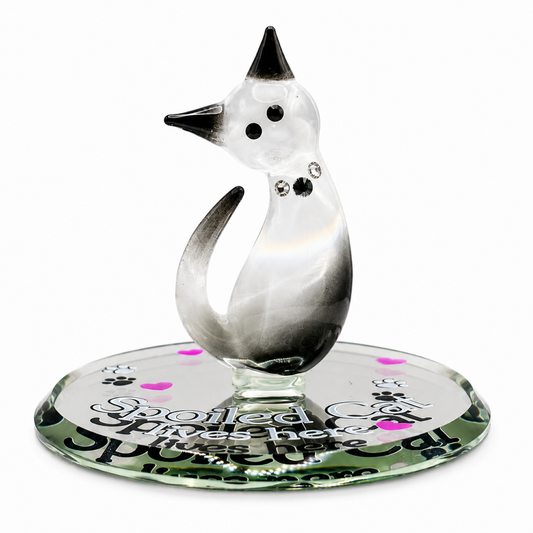 Handcrafted Siamese cat glass figurine with crystal accents on a beveled glass mirror engraved with "Spoiled Cat Lives Here."