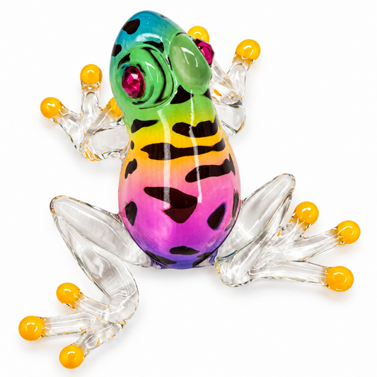 Handcrafted colorful glass frog figurine with pink crystal eyes, clear glass legs, and Genuine Crystal accents