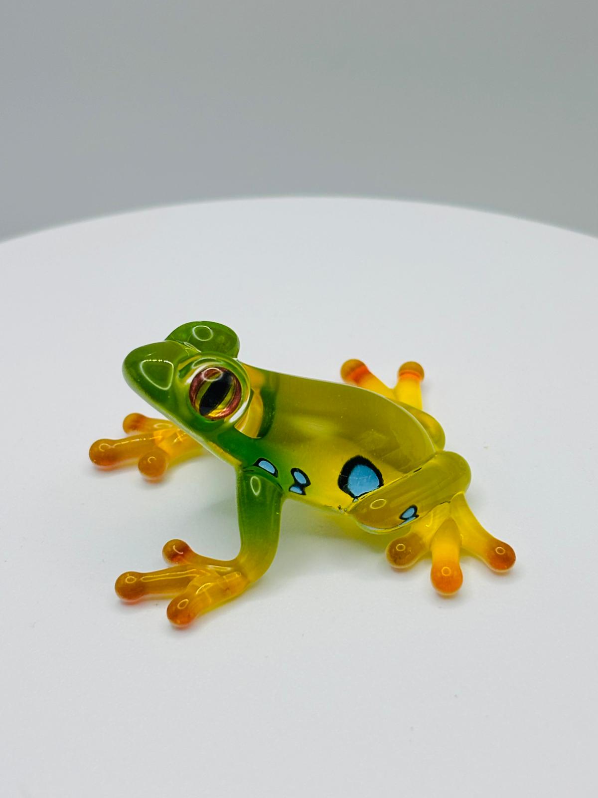 Spotted Frog Glass Figurine | Green Yellow Frog Decor Mini Amphibian Animal Collectible Display