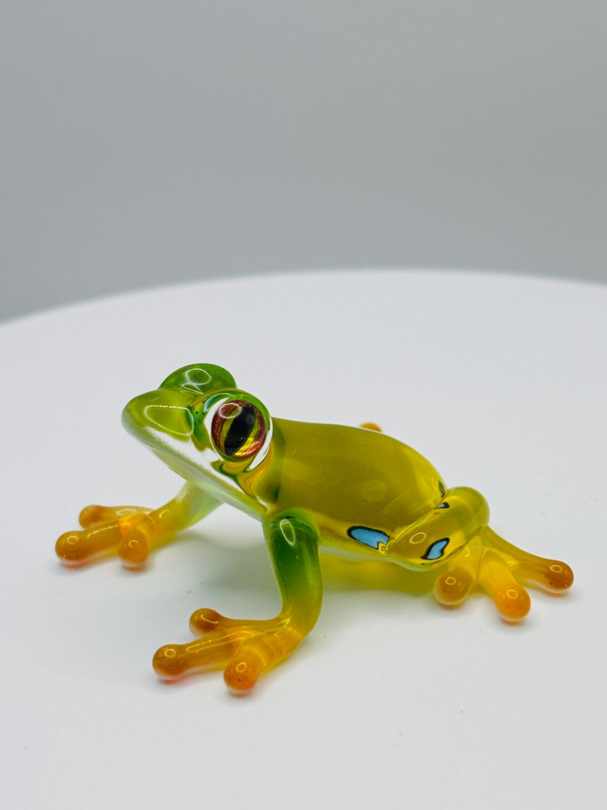 Spotted Frog Glass Figurine | Green Yellow Frog Decor Mini Amphibian Animal Collectible Display