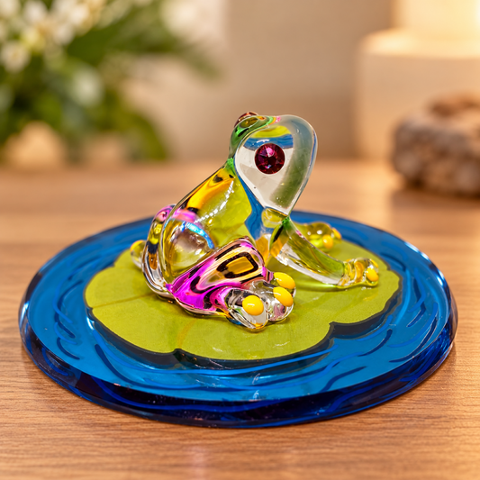 Handcrafted colorful glass frog figurine sitting on a green lily pad with blue water-style glass base and crystal accents