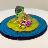 Lily Pad Frog Figurine Handcrafted Glass Collectible with Crystals