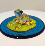 Lily Pad Frog Figurine Handcrafted Glass Collectible with Crystals