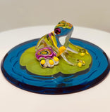 Lily Pad Frog Figurine Handcrafted Glass Collectible with Crystals