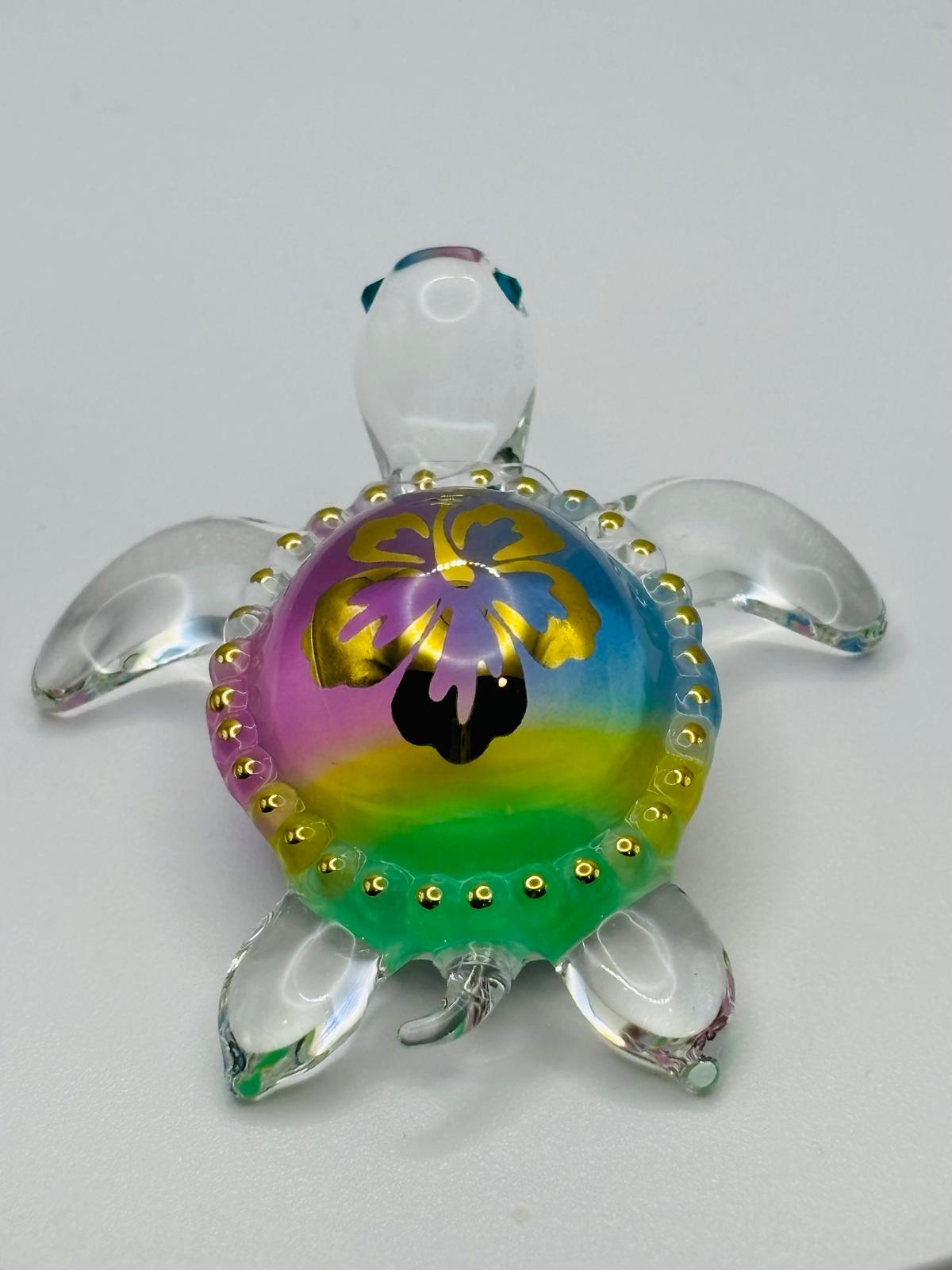 Island Pearl Sea Turtle Glass Figurine Handcrafted Rainbow Hawaiian Turtle Decor