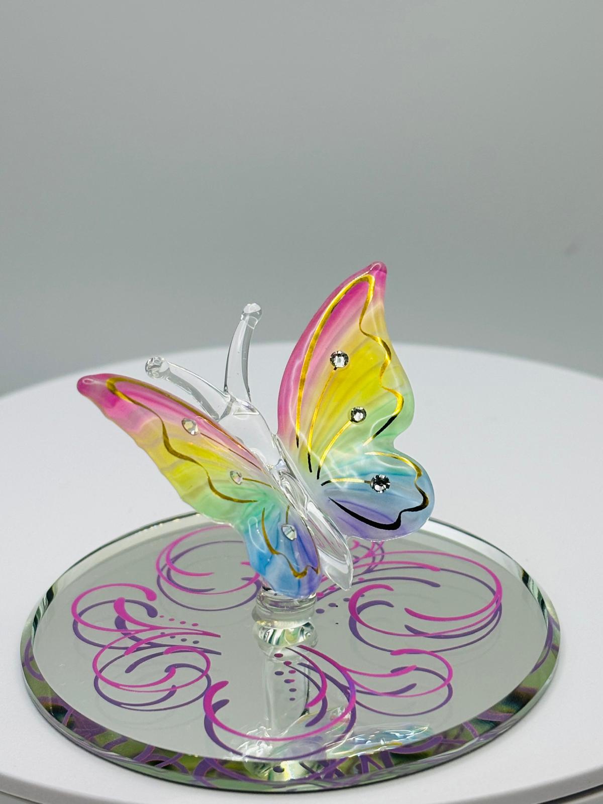 Rainbow Flutter Butterfly Glass Figurine Handcrafted Colorful Butterfly Decor