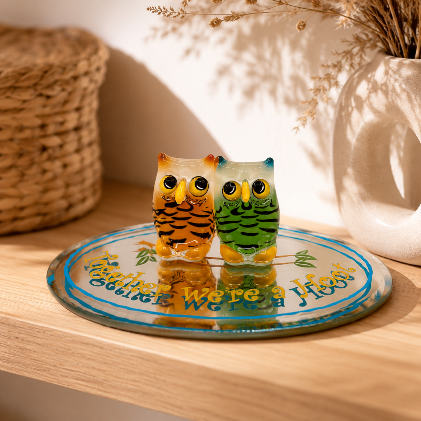 Handcrafted glass owl figurine featuring two colorful owls on a beveled mirrored base with the message "Together We're a Hoot."