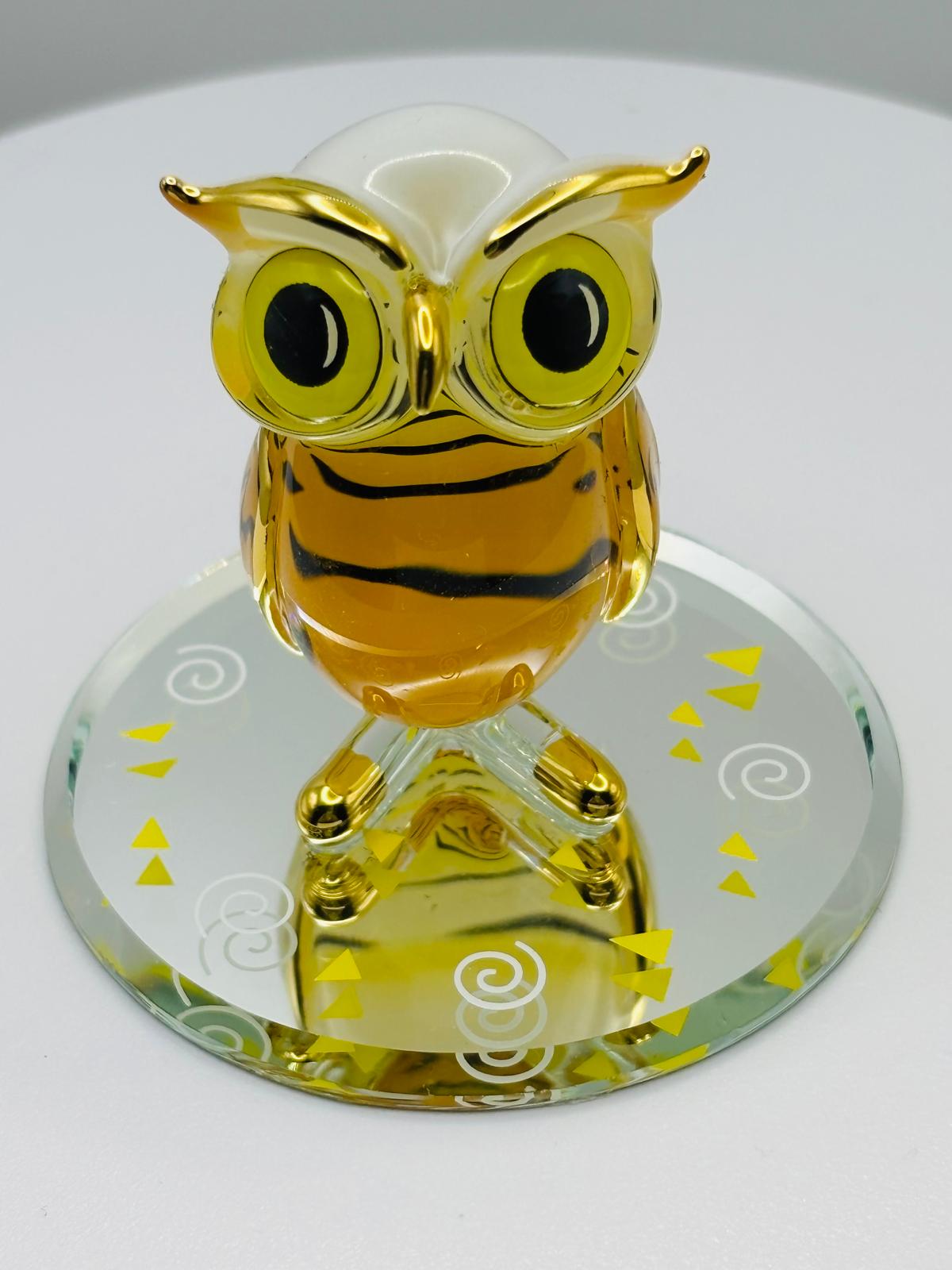 Hoot Owl Glass Figurine Handcrafted Orange Owl Decor with Gold Accents