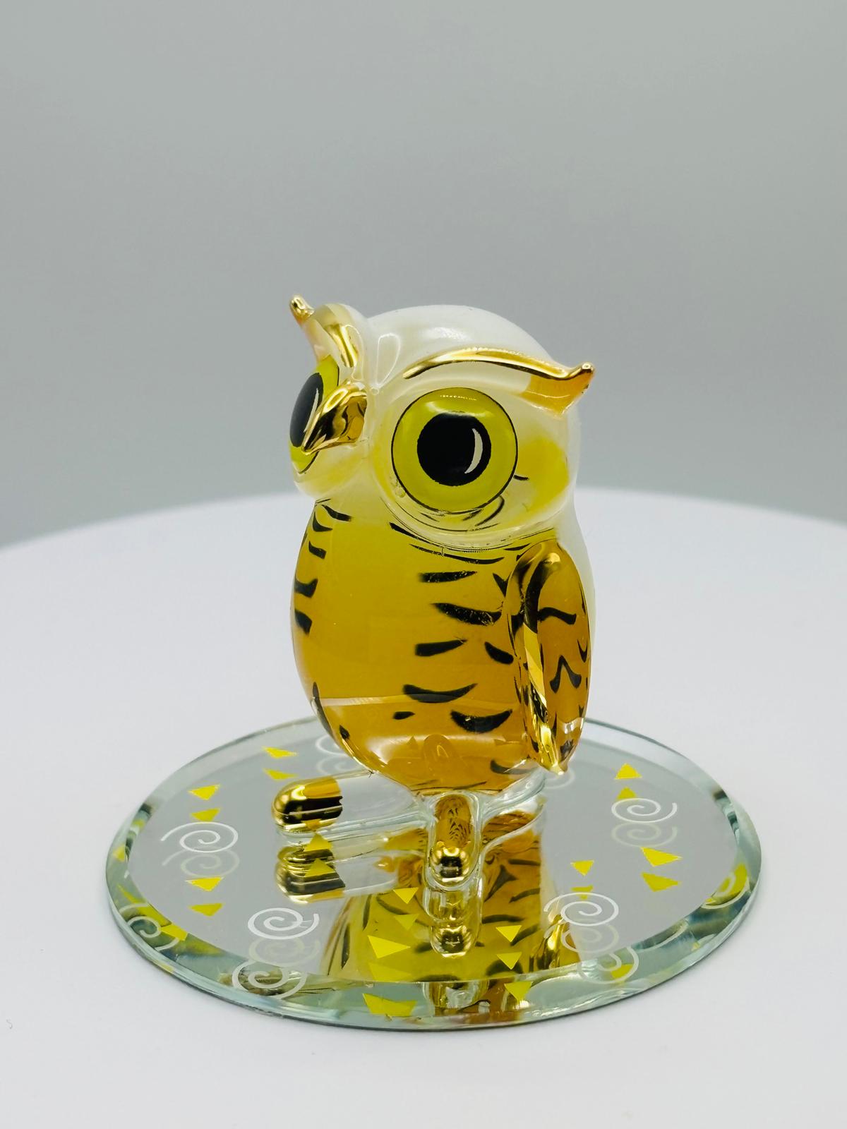 Hoot Owl Glass Figurine Handcrafted Orange Owl Decor with Gold Accents