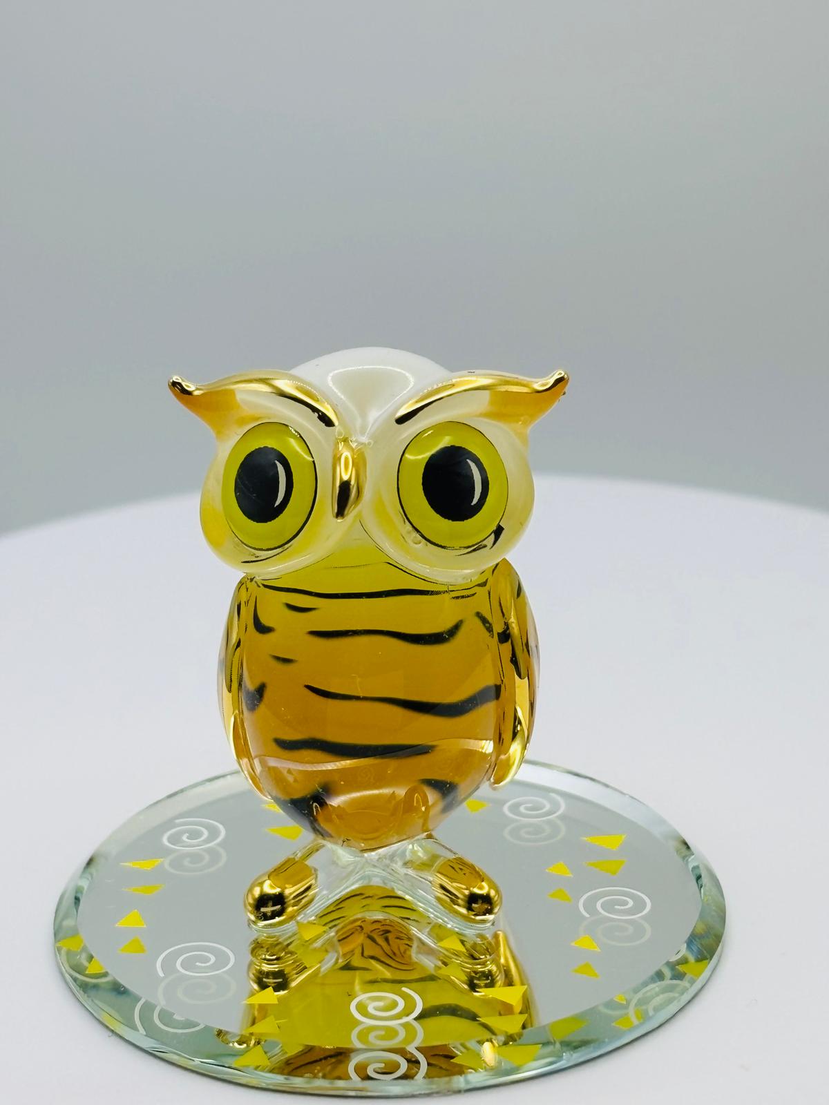 Hoot Owl Glass Figurine Handcrafted Orange Owl Decor with Gold Accents